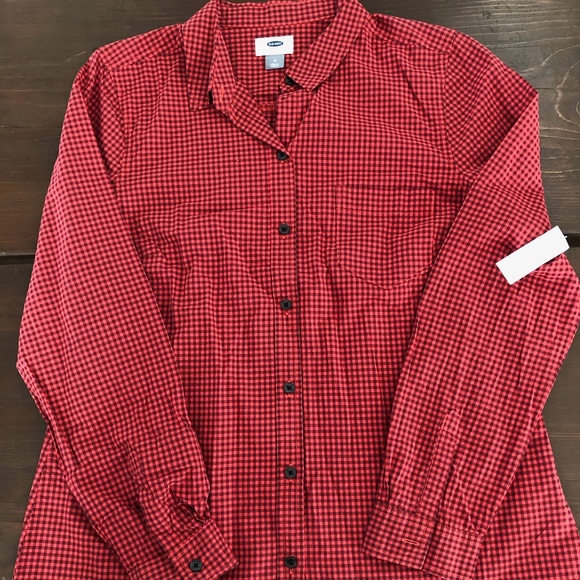 Old Navy Red & Black Gingham Check Button-down - Picture 1 of 8